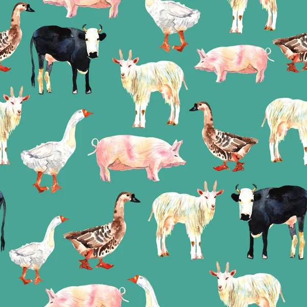 水彩で描くファーム動物のシームレスなパターン。牛、鴨、g — ストック写真