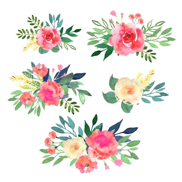 Conjunto floral. Coleção com flores, desenho aquarela. Desenho —  Vetores de Stock