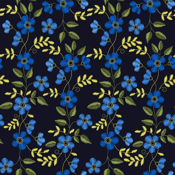 Blumenstickerei nahtloses Muster mit blauen Blumen für Ihr de — Stockvektor