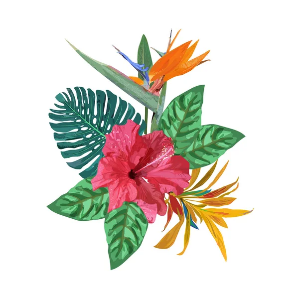 Bouquet con piante tropicali. Set con foglie di palma, ibisco rosso — Vettoriale Stock