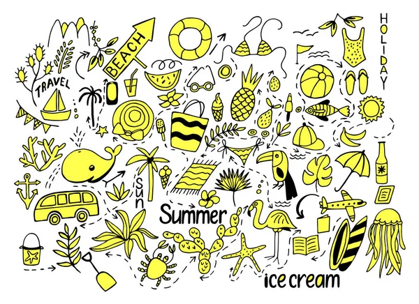 Letní set s izolované vyjmout obrazy ve stylu doodle a text pro — Stockový vektor