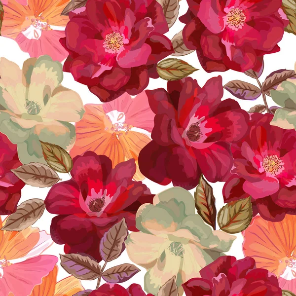 Abstraktes nahtloses Muster mit isolierten, handgezeichneten roten Rosen auf — Stockvektor