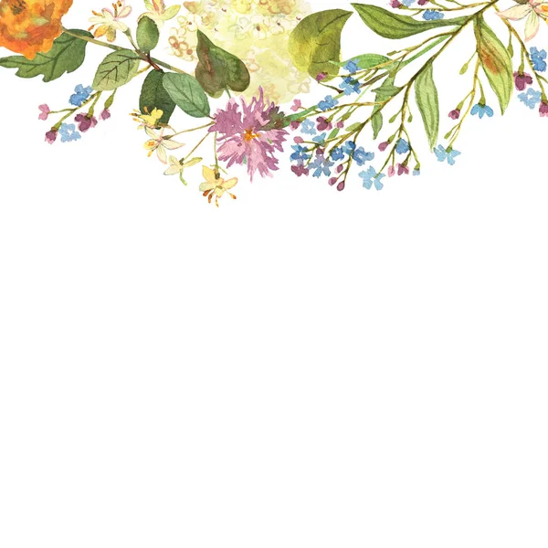 Cadre aquarelle dessiné à la main sur fond blanc. Belles fleurs douces dans la composition. Hortensia, bleuets, brunnera. Illustration botanique pour cartes de voeux ou de mariage — Photo