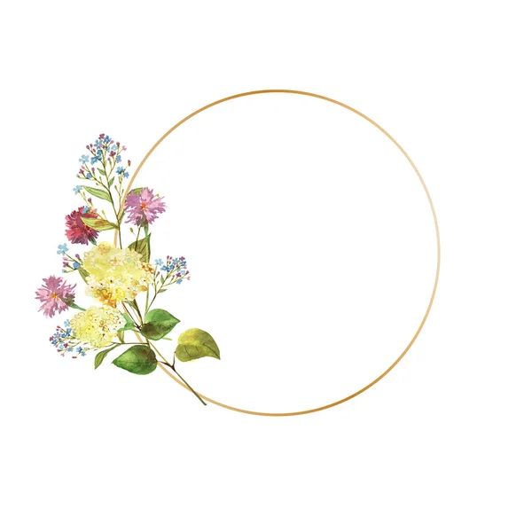 Hand drawn watercolor wreath. Beautiful gentle flowers in the composition with gold frame. Hydrangea, cornflowers, brunnera. Design for prints, invitations, textile. — Stock Photo, Image
