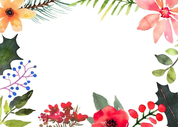 Árvores verdes aquarela e folhas com bagas coloridas. Convite festivo em fundo branco. Moldura de férias. Design para impressão, papel de parede, têxtil — Vetor de Stock