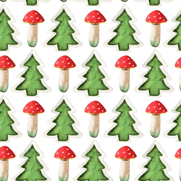 Безшовний візерунок з різдвяними барвистими іграшками. Акварельні гриби та ялинки на білому тлі. Зимові святкові ілюстрації чудовий дизайн для прикраси — стоковий вектор