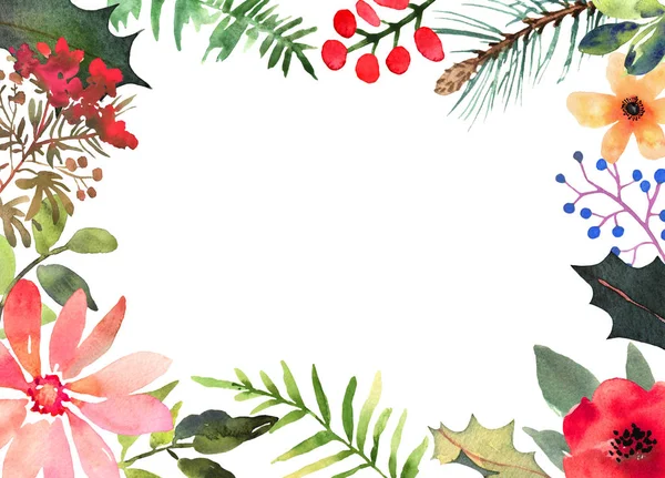 Aquarelle arbres verts et feuilles avec des baies colorées. Invitation festive sur fond blanc. Cadre de vacances. Conception pour imprimer, papier peint, textile — Image vectorielle