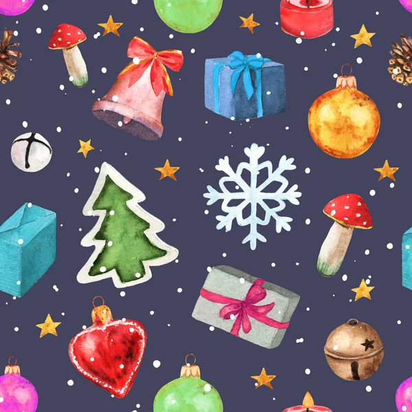 선물 상자, 하얀 배경의 크리스마스 장난감. 수채 색 산타, 벨, 버섯, 별, 붉은 활, 하얀 배경의 심장. 겨울 연휴 삽화 위대 한 디자인. — 스톡 벡터