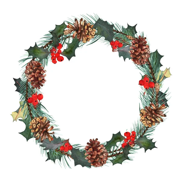 Yeşil ağaçlı suluboya çelenk. İzole edilmiş el çizilmiş dallar. Mutlu Yıllar ve Noel baskısı için tasarım, duvar kağıdı, tekstil