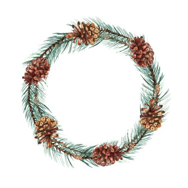 Yeşil ağaçlı suluboya çelenk. İzole edilmiş el çizilmiş dallar. Mutlu Yıllar ve Noel baskısı için tasarım, duvar kağıdı, tekstil.