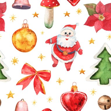 Noel oyuncaklarıyla kusursuz bir desen. Suluboya Noel Baba, çan, mantar, yıldızlar, kırmızı yay, beyaz arka planda kalp. Kış tatili illüstrasyonu her amaç için harika bir tasarım