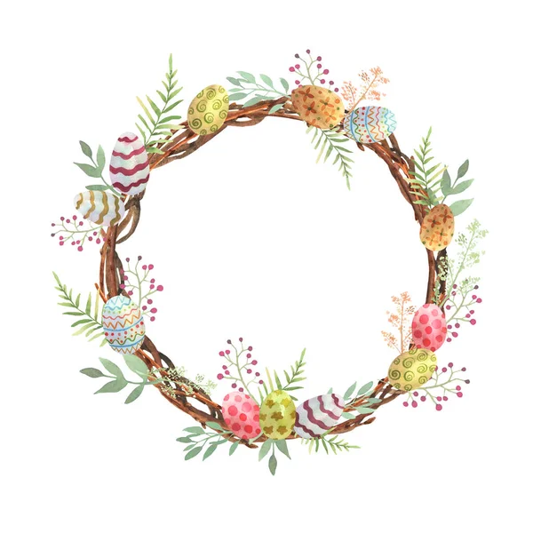 Illustration avec des œufs peints colorés sur une couronne de Pâques de brindilles en aquarelle. Cadre cercle de fleurs. Joyeux fond de Pâques. Symbole printemps — Photo