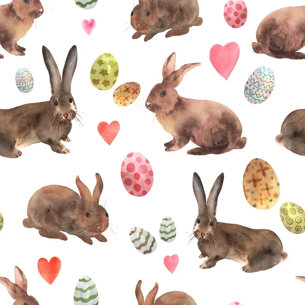 Seamless pattern with painted eggs and sitting rabbit for Easter in watercolor. Elements for a happy Easter and farms design. Isolated colorful eggs on white — Stock Photo, Image