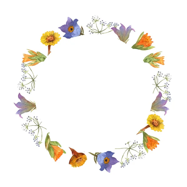 Met de hand getekend aquarel boeket met lentebloemen, plaats voor uw tekst. Daffodils, bluebells, anemonen - ontwerp voor seizoenskaart, uitnodiging. Floral arrangement met cirkel frame. Toorn met bloemen. — Stockfoto