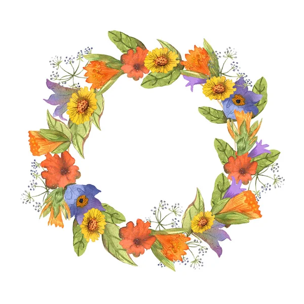 Met de hand getekend aquarel boeket met bloemen en bladeren, plaats voor uw tekst. Daffodils, bluebells, anemonen - ontwerp voor voorjaarskaart, uitnodiging. Floral arrangement met cirkel frame. — Stockfoto