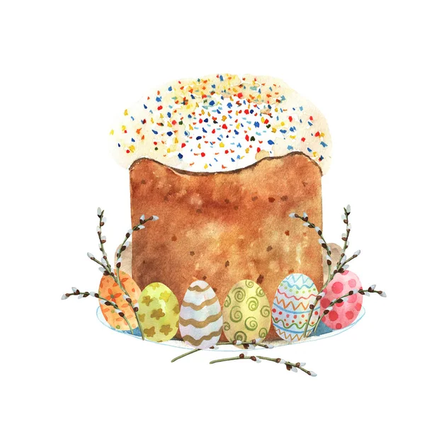 Renkli yumurta ve söğüt dallarıyla dolu bir tabakta duran Paskalya pastası. Bahar kutlaması için geleneksel kartpostal. Kutlama tasarımı için pasta ile resim — Stok fotoğraf