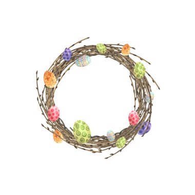 Söğüt dallı çelenk ve suluboya yumurtalar. Mutlu Paskalya kartı için elementler. Çember şeklinde çiçek. Vektör.