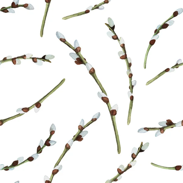 Zökkenőmentes minta fűzfaágakkal. Háttér a tavaszi illusztrációhoz. Tapéta minta, ujjlenyomat tervezés. Boldog húsvéti textúrát. Vektor. — Stock Vector