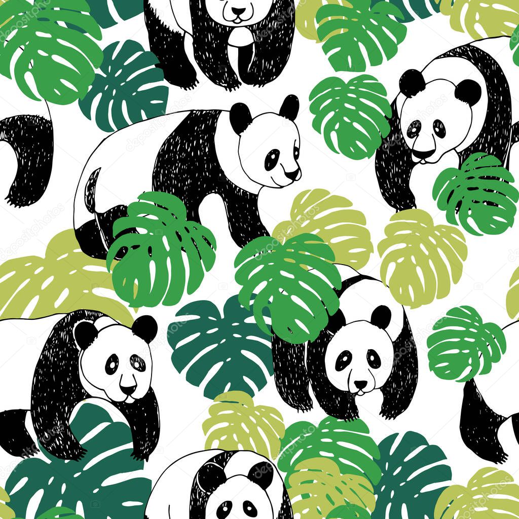 Panda seamless pattern in sketch style. Hand drawing panda pattern illustration with monstera leaves, vector. Cute cartoon wild animal. Kids background. Children illustration
