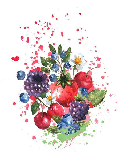 Jagodowa mieszanka z rozpryskami akwareli. Soczyste truskawki, jagody, wiśnie i jeżyny z liśćmi. Soczysty koktajl owocowy. Wektor. — Wektor stockowy