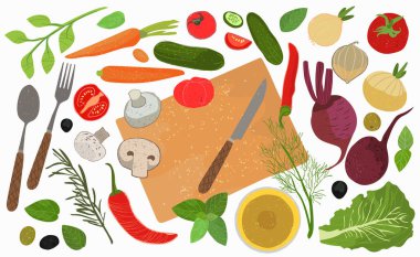 Yemek pişirmek için bir takım elementler. Sebzeler tek parça, çatal bıçak, çatal bıçak, ayçiçeği yağı, bitkiler. Vektör illüstrasyonu .