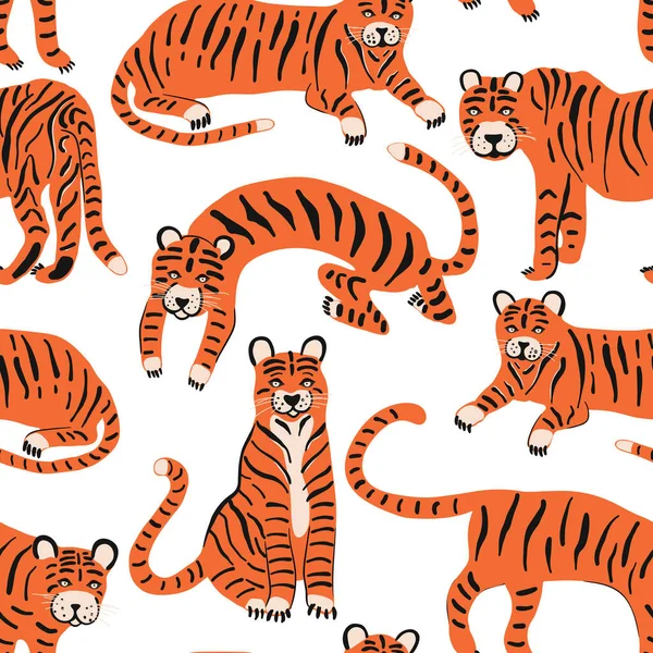 Conjunto com tigres para decorar o design. Conjunto vetorial de personagens de desenhos animados de natureza selvagem. O padrão do tigre é selvagem. O cenário exótico da selva . — Vetor de Stock