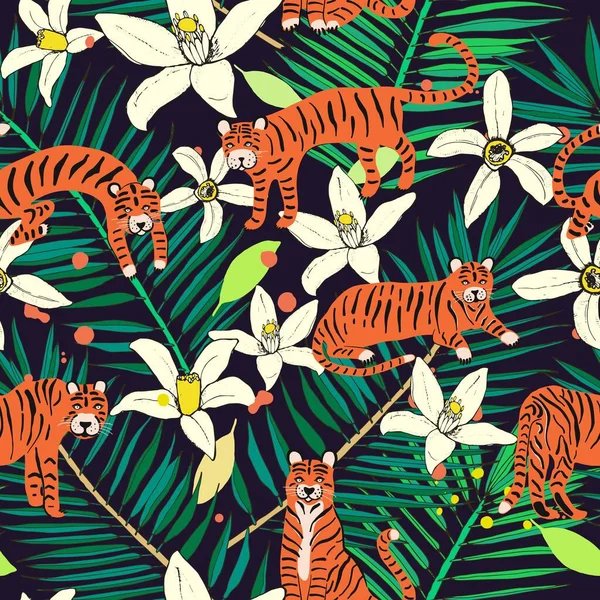 Bezešvé vzor s tygry a tropické listy a květiny zdobí design. Listoví džungle na černém pozadí. Zelené palmové listy. Tygří vzor je divoký. Vektor — Stockový vektor