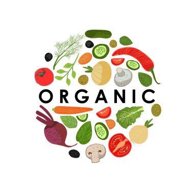Ortasında organik yazılar olan bir çemberin içinde sebzeler. Yemek pişirmek için bir takım elementler. Sağlıklı yiyecekler ve yemek yapma kavramı. Vektör