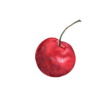 Beyaz arka planda suluboya ile izole edilmiş kırmızı kirazlar. Parlak, tatlı bir renk. Tatlı meyve. Vektör
