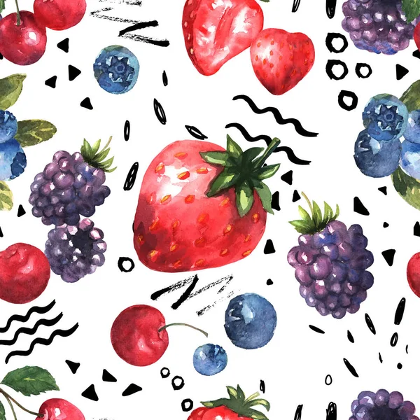 Motif sans couture aux baies en aquarelle avec graphismes noirs. Fond coloré avec des fraises, mûres, cerises, bleuets. Une illustration naturelle. Floraison printanière. Collection pour impression et — Image vectorielle