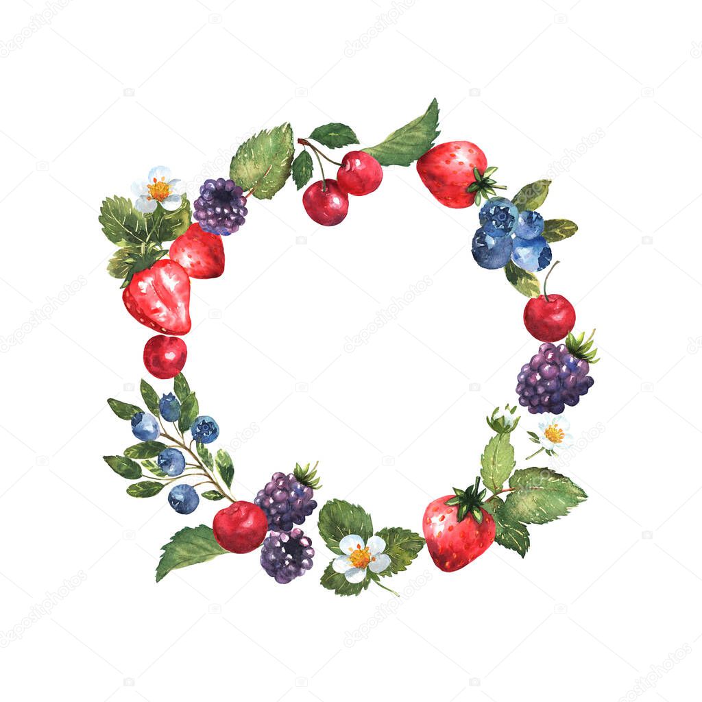 Berries wreath in watercolor. Frame with strawberries, blackberries, cherries and blueberries. Natural illustration. Spring blossom. Vector.