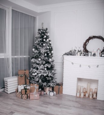 new year's christmas tree and fireplace