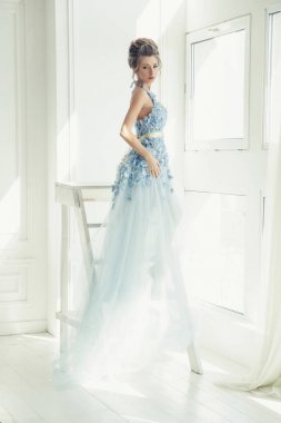 Mavi uzun romantik elbise genç güzel bayan. Fairytale sabah ışık. son moda gelin saç modeli. Beyaz Oda. 