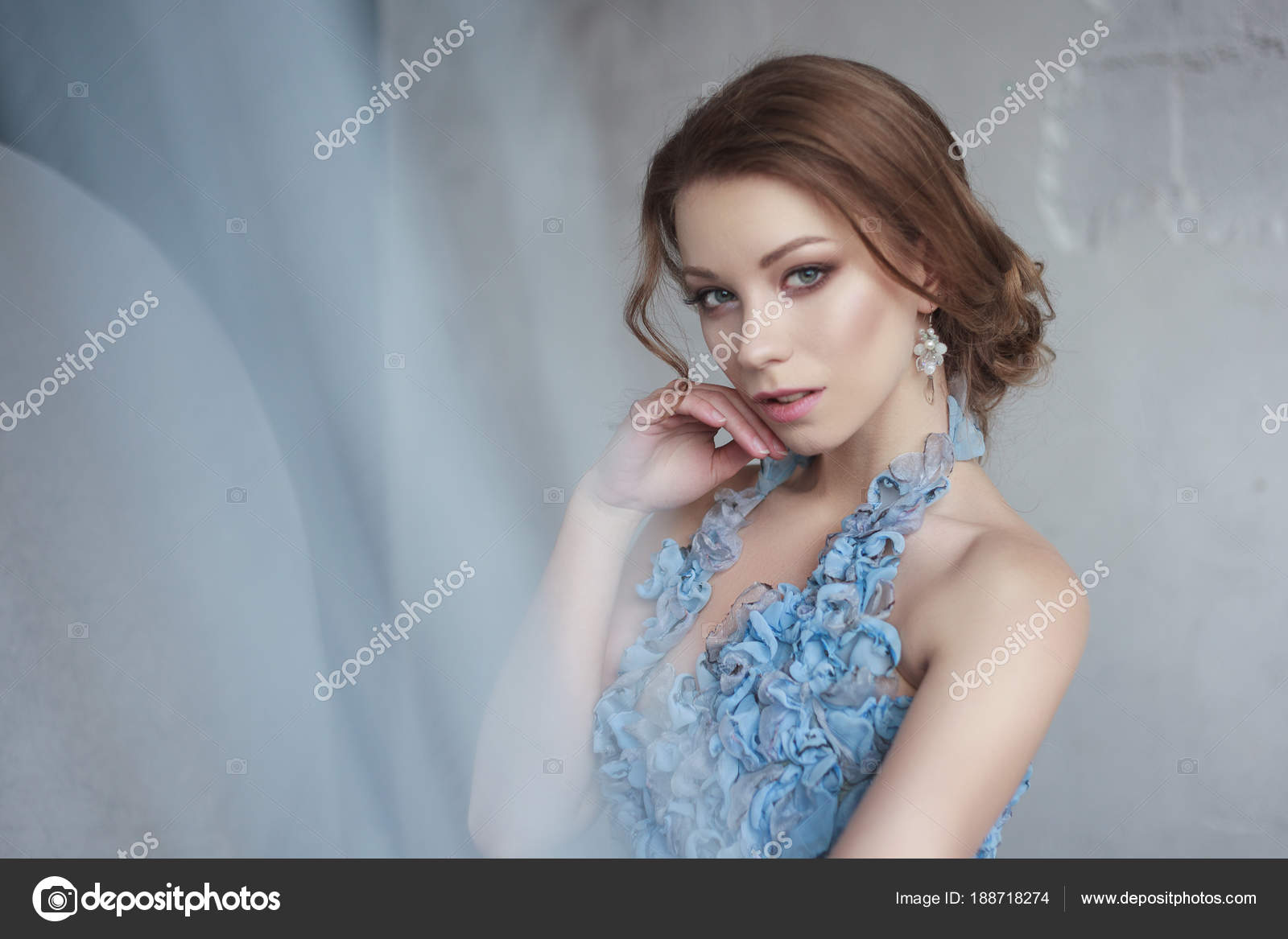 Young Beautiful Lady Romantic Blue Long Dress Woman Natural Hair