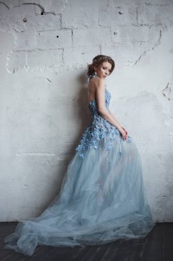 romantik mavi uzun elbise genç güzel bayan. doğal saç rengi olan kadın. fantezi mavi elbise. Düğün makyaj ve saç için fikirler.