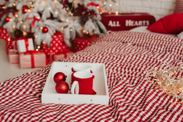 Two Cups Board Bed Christmas Decorations Red White Home Decor — Stock Photo, Image