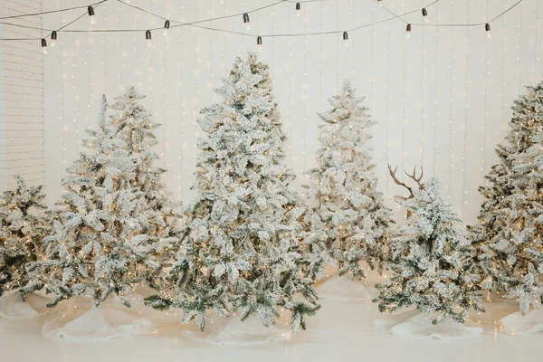 Árvores Natal Decoradas Com Neve Guirlandas Brilhantes Inverno Feriados Conceito — Fotografia de Stock