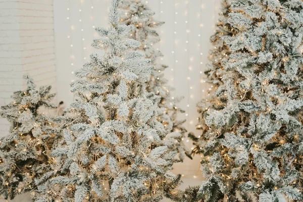 Alberi Natale Decorati Con Neve Ghirlande Incandescenti Concetto Vacanze Invernali — Foto Stock