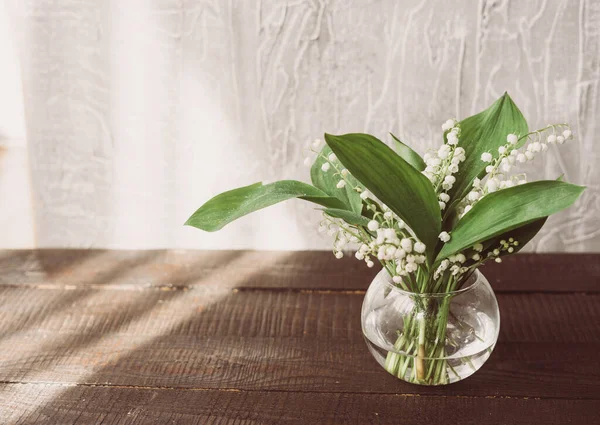 Lírio Vale Flores Vaso Vidro Fundo Cimento Foco Seletivo Natureza — Fotografia de Stock