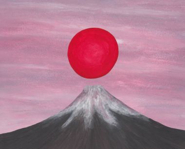 bir dev kırmızı Paz pembemsi sabah gökyüzü önünde Japon fuji Dağı üzerinde yükselen bir soyut renkli sulu boya resim çizimi. Bu görüntü dizisi 