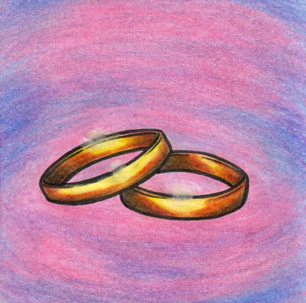 Abstract Pencil Colored Painting Illustration Showing Pair Golden Wedding Rings 로열티 프리 스톡 이미지