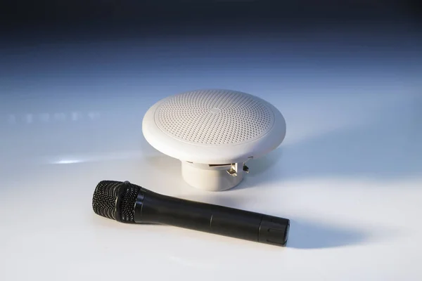 Black microphone and small white loudspeaker — Stock Photo, Image