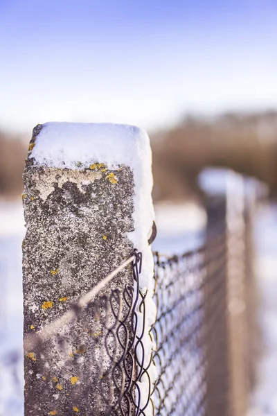 Neve em uma cerca de malha metálica poste de concreto — Fotografia de Stock