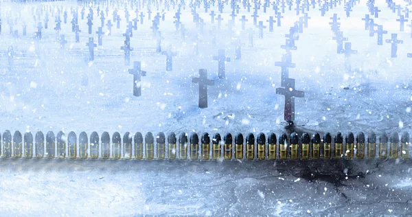 Brass ammunition with a lead bullets row in a cemetery with conc — Stock Photo, Image
