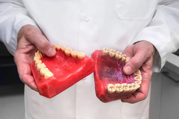 Mani da uomo con modello in cera rossa dentale — Foto Stock