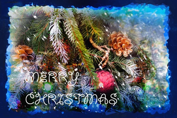 Cartão Natal Com Ramos Abeto Bola Cones Tons Azuis — Fotografia de Stock