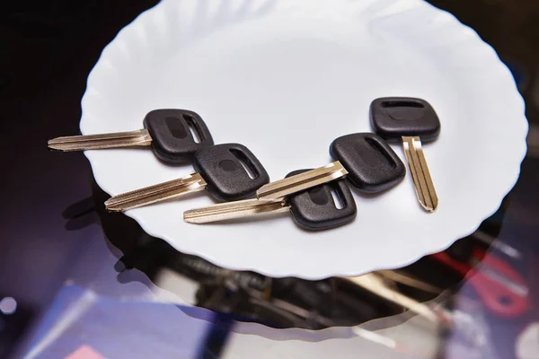 Beş boş araba anahtarı ile beyaz plaka — Stok fotoğraf