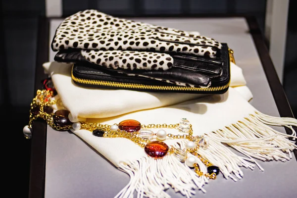 Plånbok, handskar, halsduk och kvinnors smycken på hyllan — Stockfoto