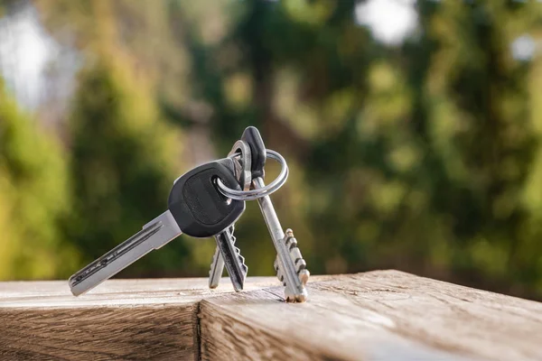 Olika nycklar med ring på en träskiva — Stockfoto