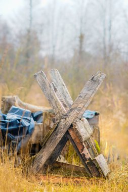 Sonbahar çimlerinde eski ahşap bir at. Yakın görünüm.